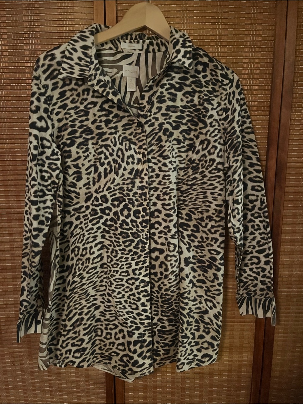 Chico's Animal Print Button-Front Blouse in Brown and Black size 2(Large)
